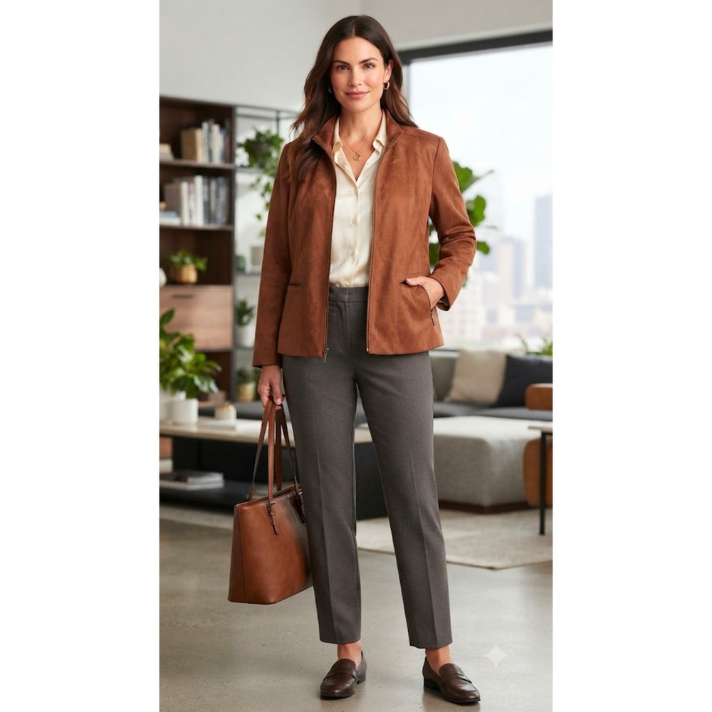 TanJay Petite Faux Suede Zip Front Jacket Cognac Brown Stand Collar Coat EUC
